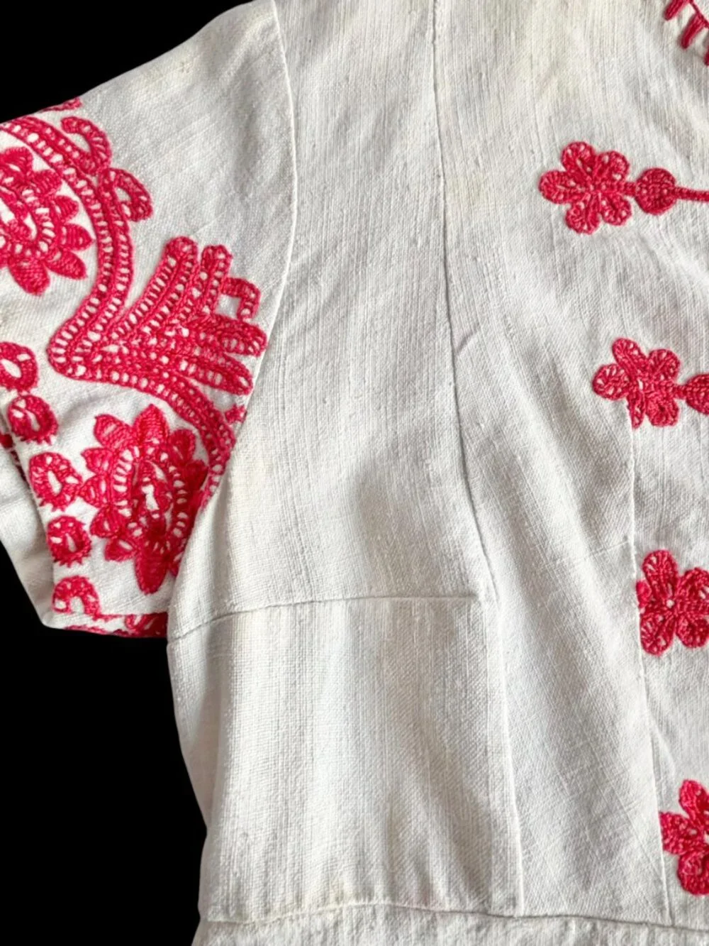 Vintage White Linen Handmade Embroidered Hungarian Folk Style Dress